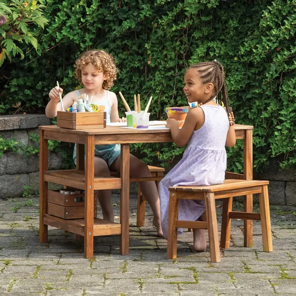 Kids Outdoor Bench - Kinderbuitenactiviteiten-tafel en 2-bankenset: Acaciahouten activiteitenbureau met